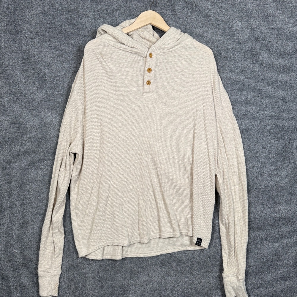 Lucky Brand Size XL Henley Shirt Hoodie Tan Cotton Cloud Waffle Button Pullover - Picture 1 of 9